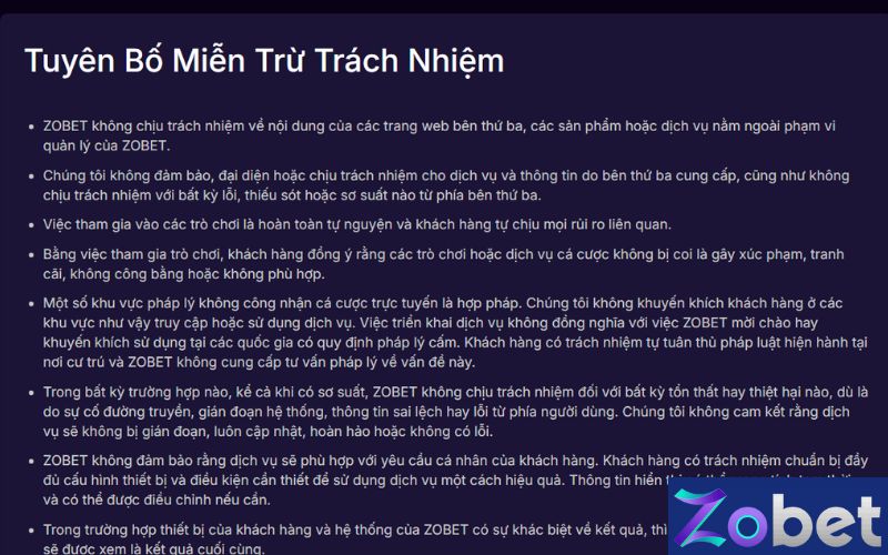 Miễn trừ trách nhiệm ZOBET – Chính sách bảo vệ người chơi trực tuyến an toàn và minh bạch